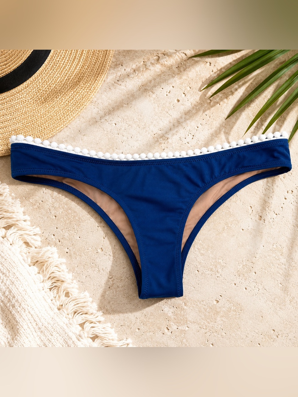 J.Crew Blue Bikini Bottom XS White Pom Pom Trim Cheeky Sporty Swim Bottom